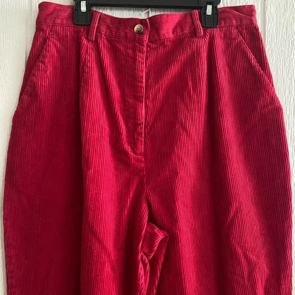 Vintage 80s/90s Women Charter Club Hi-Rise Red Ribbed Corduroy Pleated Pants 12 - Picture 2 of 9